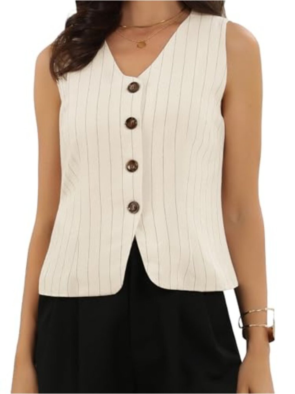 Striped V-Neck Linen Blend Sleeveless Waistcoat for Women